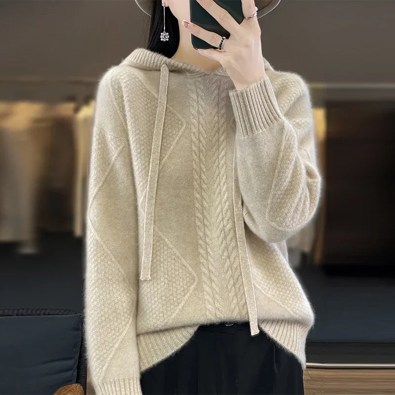 Tailor Sheep New Women's 100% Wool Pullover Hooded Sweater Solid Color Knitted Comfortable Versatile Women's Short  Coat Top