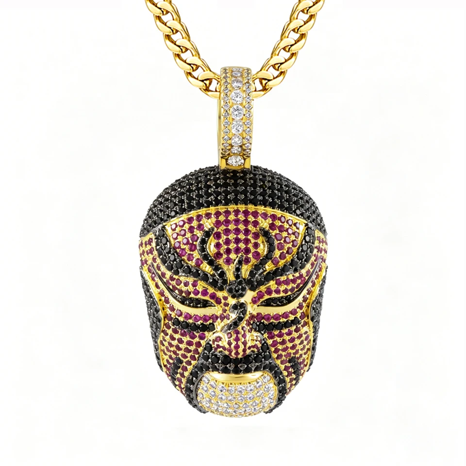 

VANAXIN Hip Hop Chinese Opera Mask Pendant Necklace 14K Gold Plated Full Iced Out CZ Bling Rapper Style Jewelry for Men Women