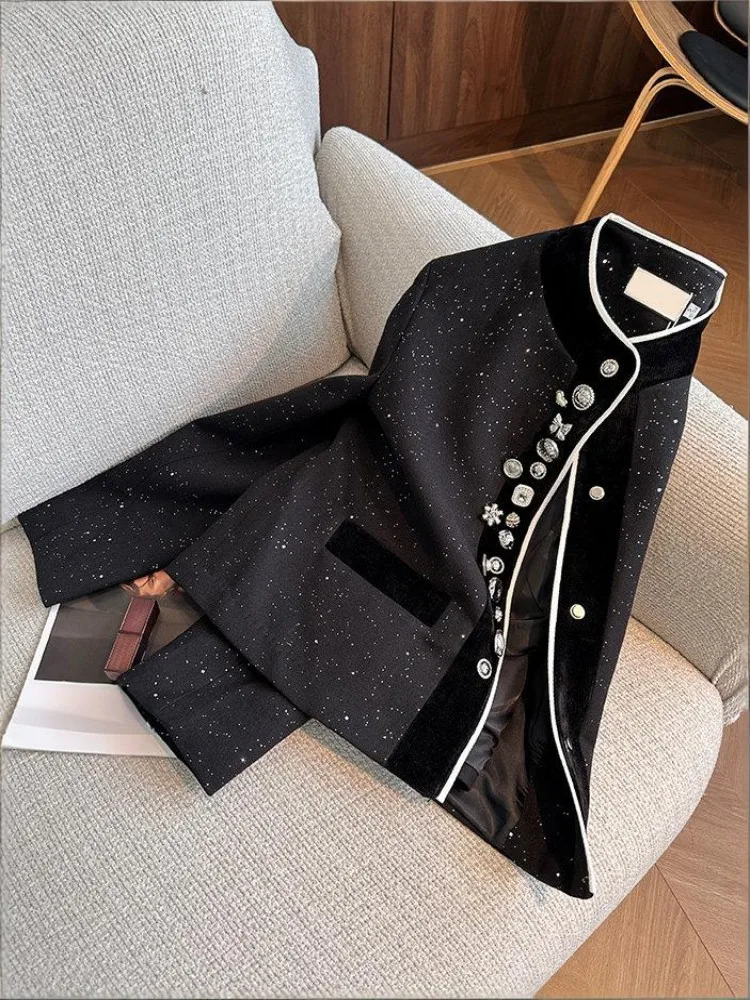 السيدات الجديدة عارضة واسعة الخصر فضفاض مطرزة سترة س الرقبة أبلى مغطاة زر أنيقة المرأة مصمم طويلة الأكمام معطف قصير