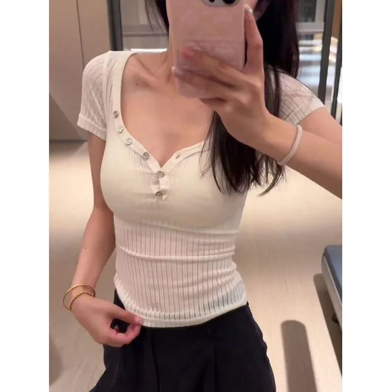 

Blouse T-shirt Women's Summer Button-down Semi-open Collar Sheer Cropped Short Sleeves V-neck Solid Colour New Niche Versatile