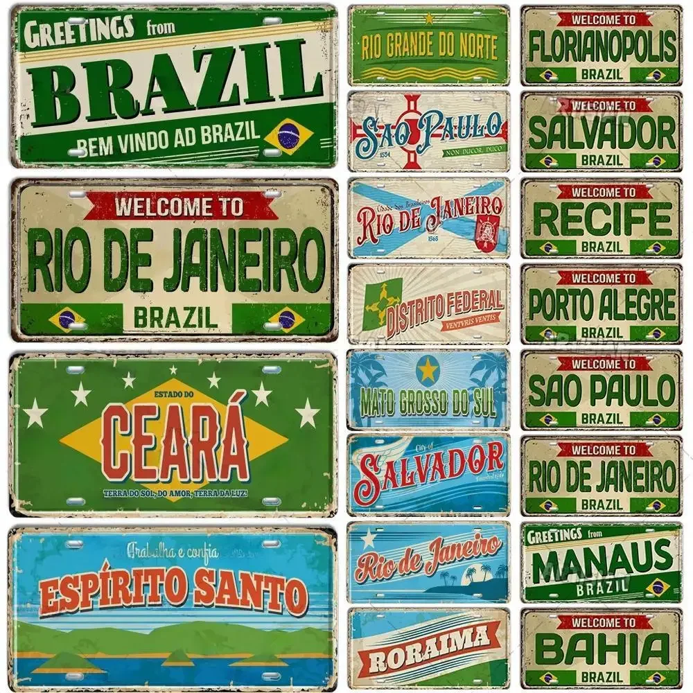 Saludos desde Brasil, Bem Vindo a Brasil, Placa de Matrícula Rústica Vintage, Pintura Metálica de Aluminio, Impresión Nítida de Alta Definición