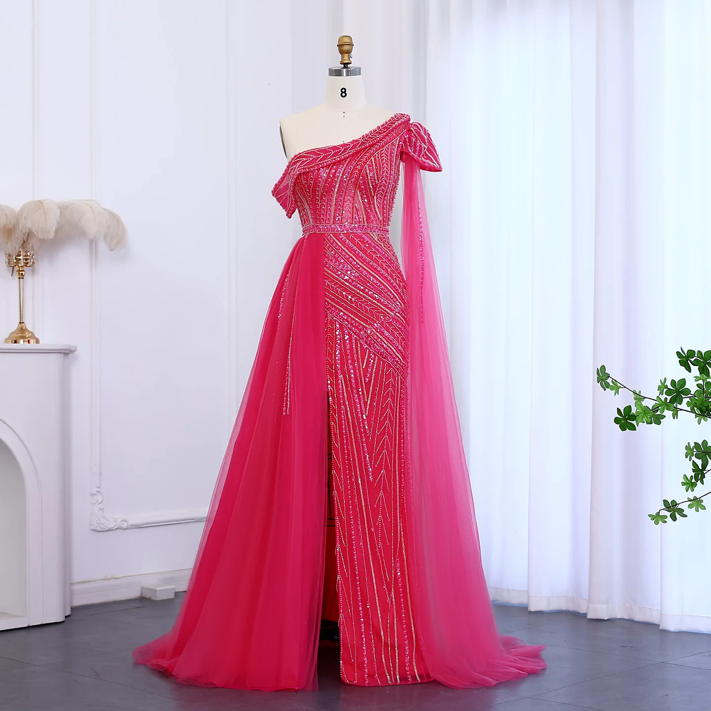 

Customized Elegant One Shoulder Fuchsia Luxury Dubai Evening Dres With Cape Sleeve Overskirt Formal Party Gown Lsz025