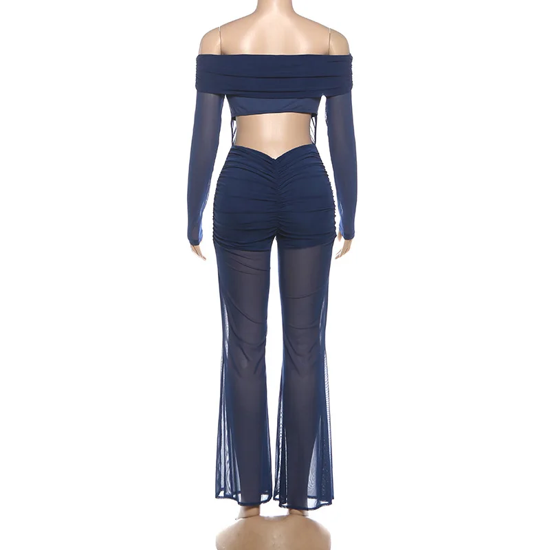 Ruched See Through Mesh Slim Flare Jumpsuits Women Sexy Slash Neck Off Shoulder Long Sleeve Backless Booty Lifting Club Overalls