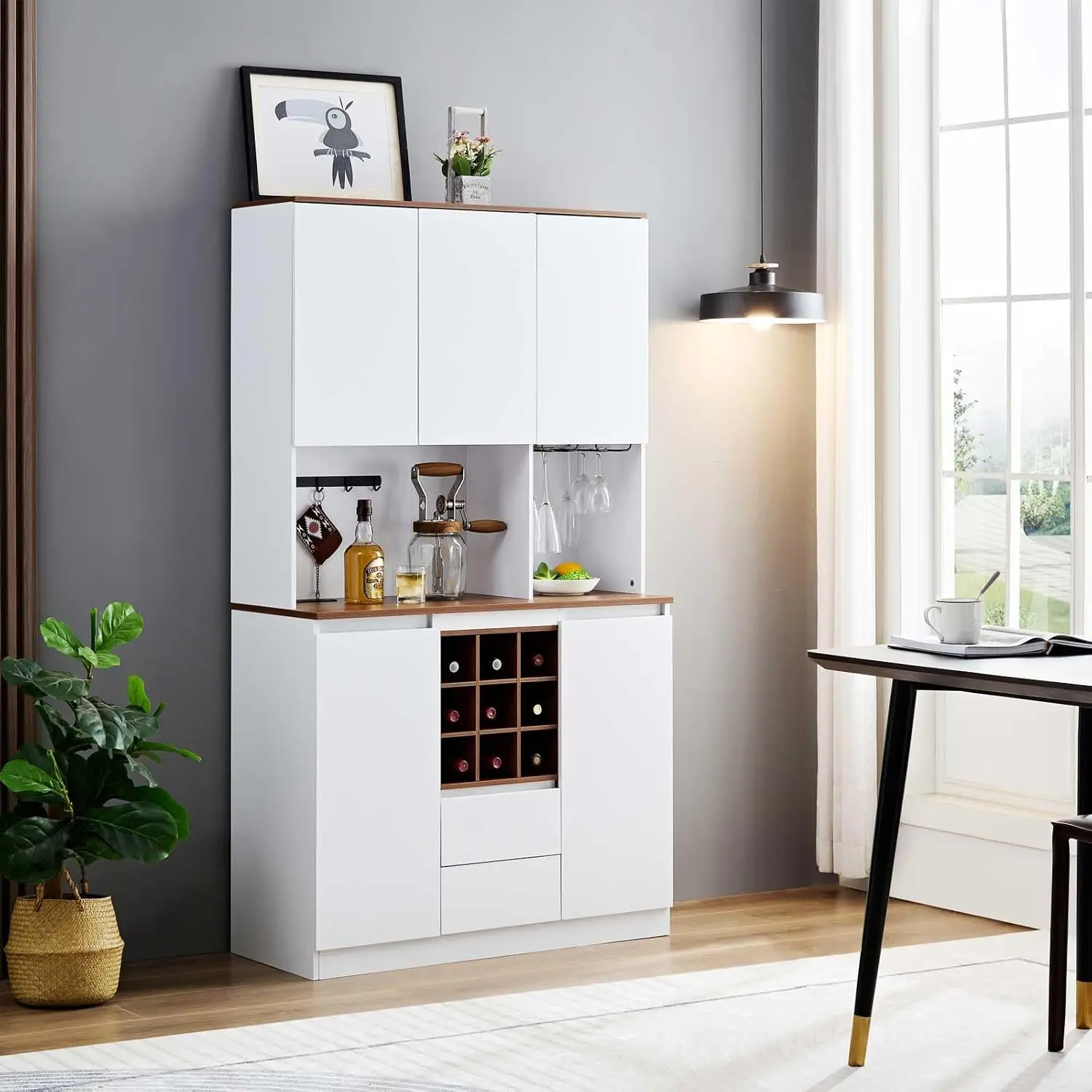 Armoire à vin de ferme avec rangement, café-bar, armoire de planche de cuisine, français ou armoire pour la maison et la salle à manger, blanc, 68.89 en effet