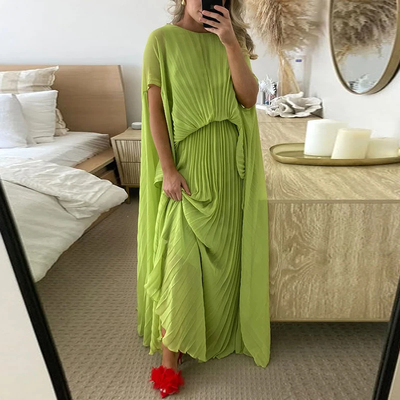 Spring Batwing Sleeve Hem Pleated Dresses Woman Sexy High Waist Solid Boho Long Dress Summer O Neck Backless Lace-up Party Dress