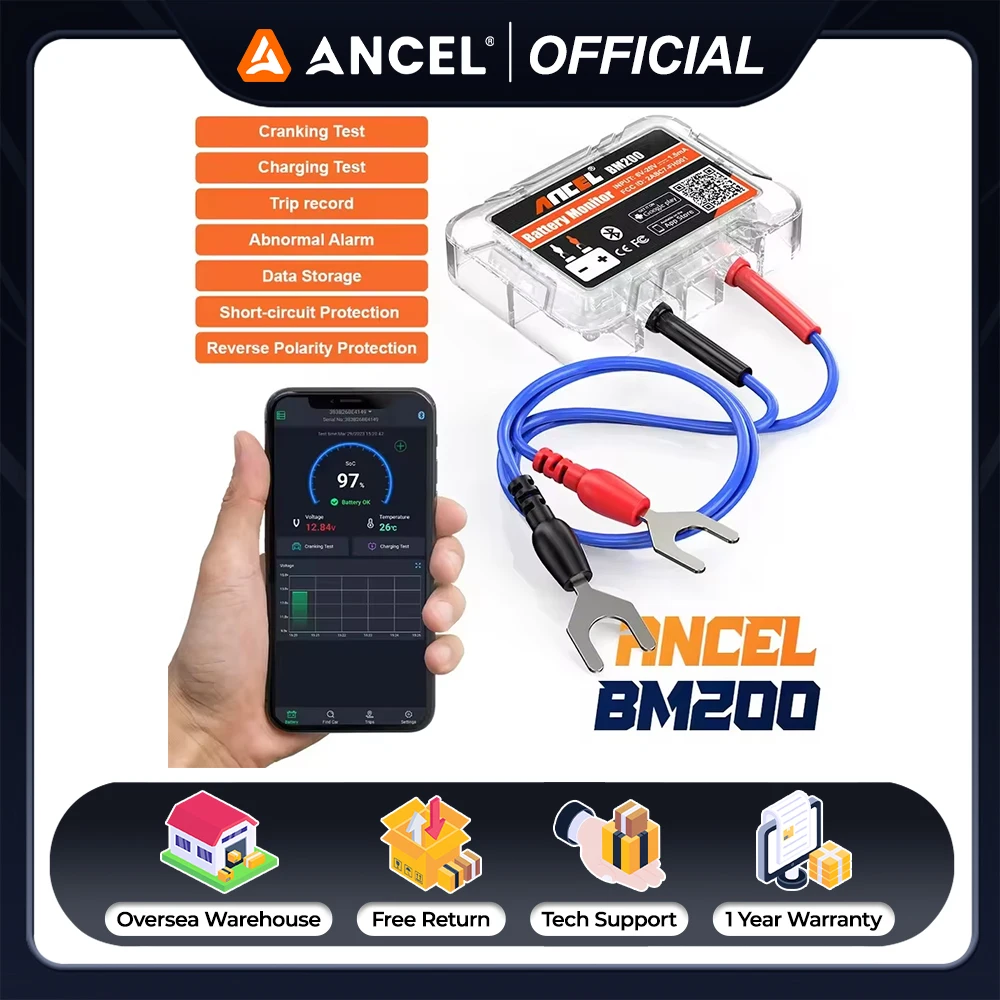ANCEL BM200 Bluetooth 12V Battery Monitor Car Battery Health APP Monitoring Cranking Charging Battery Tester For Android IOS