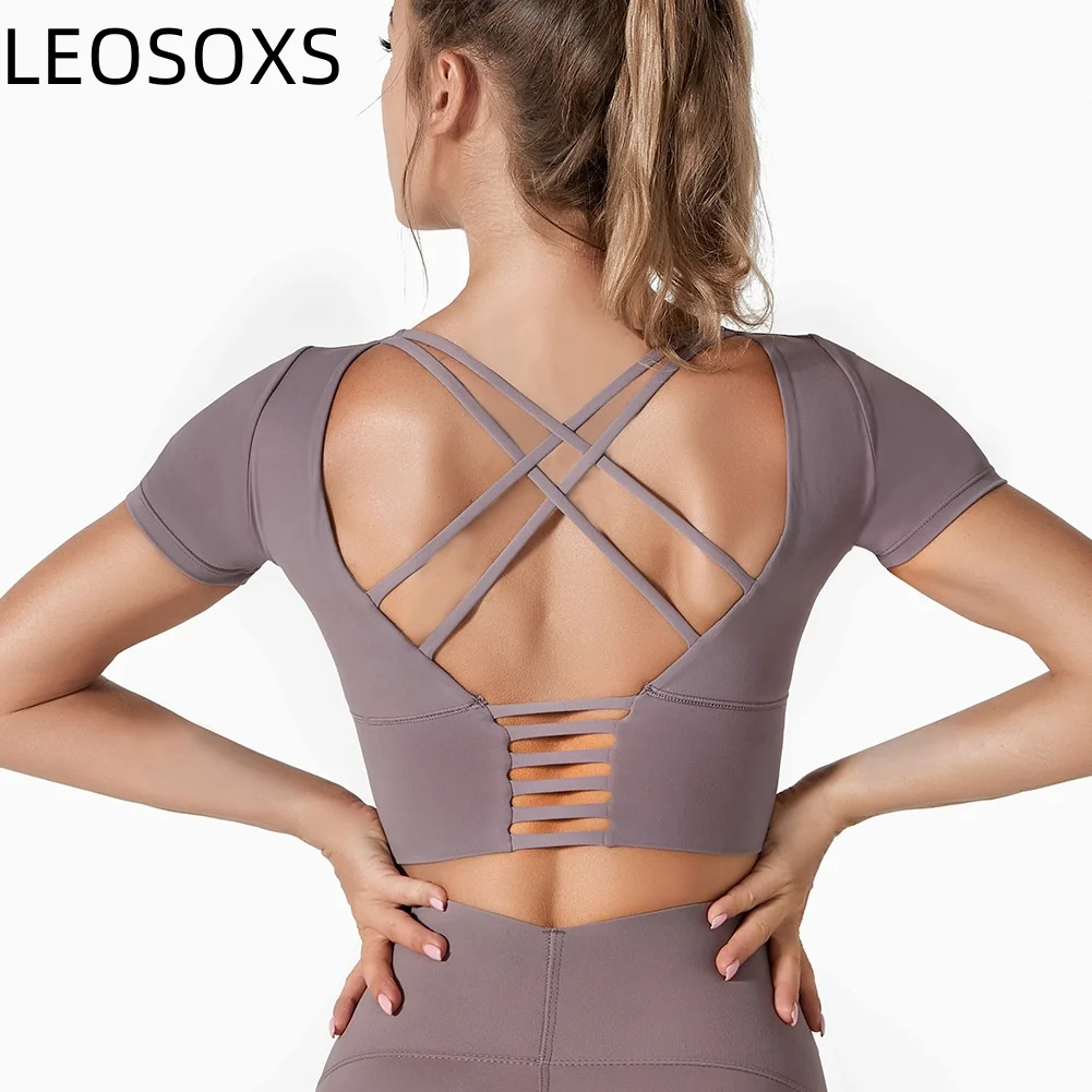 

LEOSOXS Yoga Shirts Workout Open Back Top Long Sleeve Crop Top Women Spring Autumn Gym Cross Back Sports Shirt Short Sleeve
