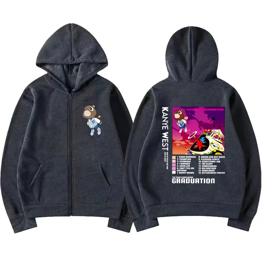 Kanye West kelulusan beruang Hip Hop pria wanita, jaket Hoodie bertudung ritsleting Unisex, pakaian jalanan kasual vintage pria dan wanita