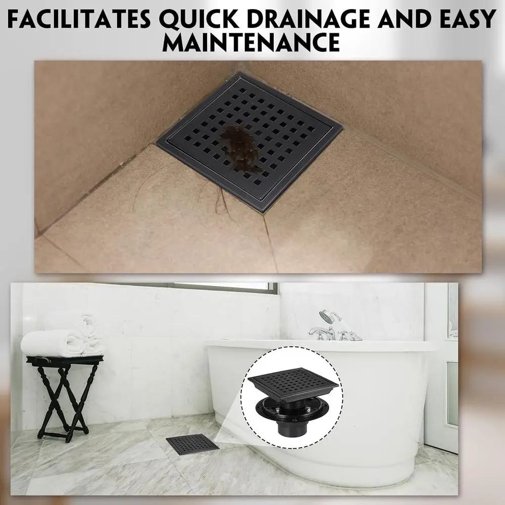 Ralo de Chuveiro Quadrado Preto Fosco de 6 Polegadas com Grelha Removível, Aço Inoxidável 304