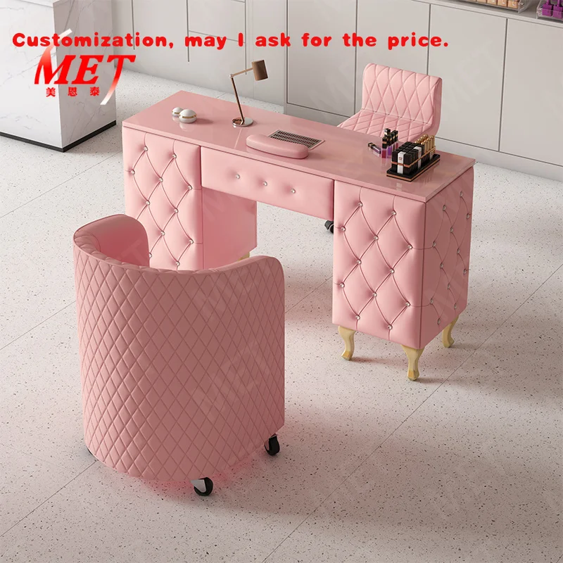 

custom.Modern Beauty Salon Furniture Single Manicure Table and Chair Set Luxury Tufted pink Leather Wooden Nail Table Sale