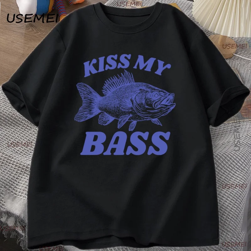 Retro Fishing T Shirt Kiss My Bass Tee Funny Men Dad Grandpa Fishing T-shirt Outdoorsman Humor Top Fisherman Gift Clothes Tshirt