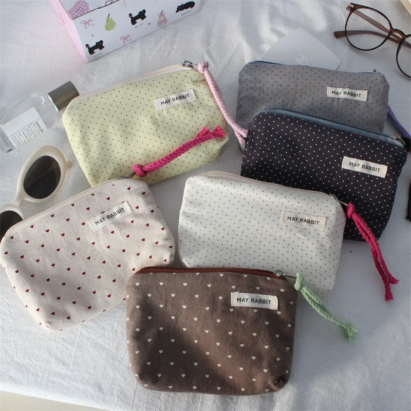 Carteira de Moedas de Lona Coreana com Estampa de Bolinhas, Bolsa de Moedas Mini Portátil, Porta-Moedas Simples de Tecido com Zíper, Bolsa para Chaves, Fones de Ouvido e Documentos, Bolsa Infantil Fofa
