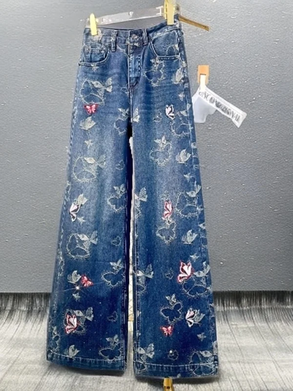 

Ele Embroidered High Waist Wide Leg Jeans Straight Cut Spring Faion Women's Premium Feel Street Sle Denim