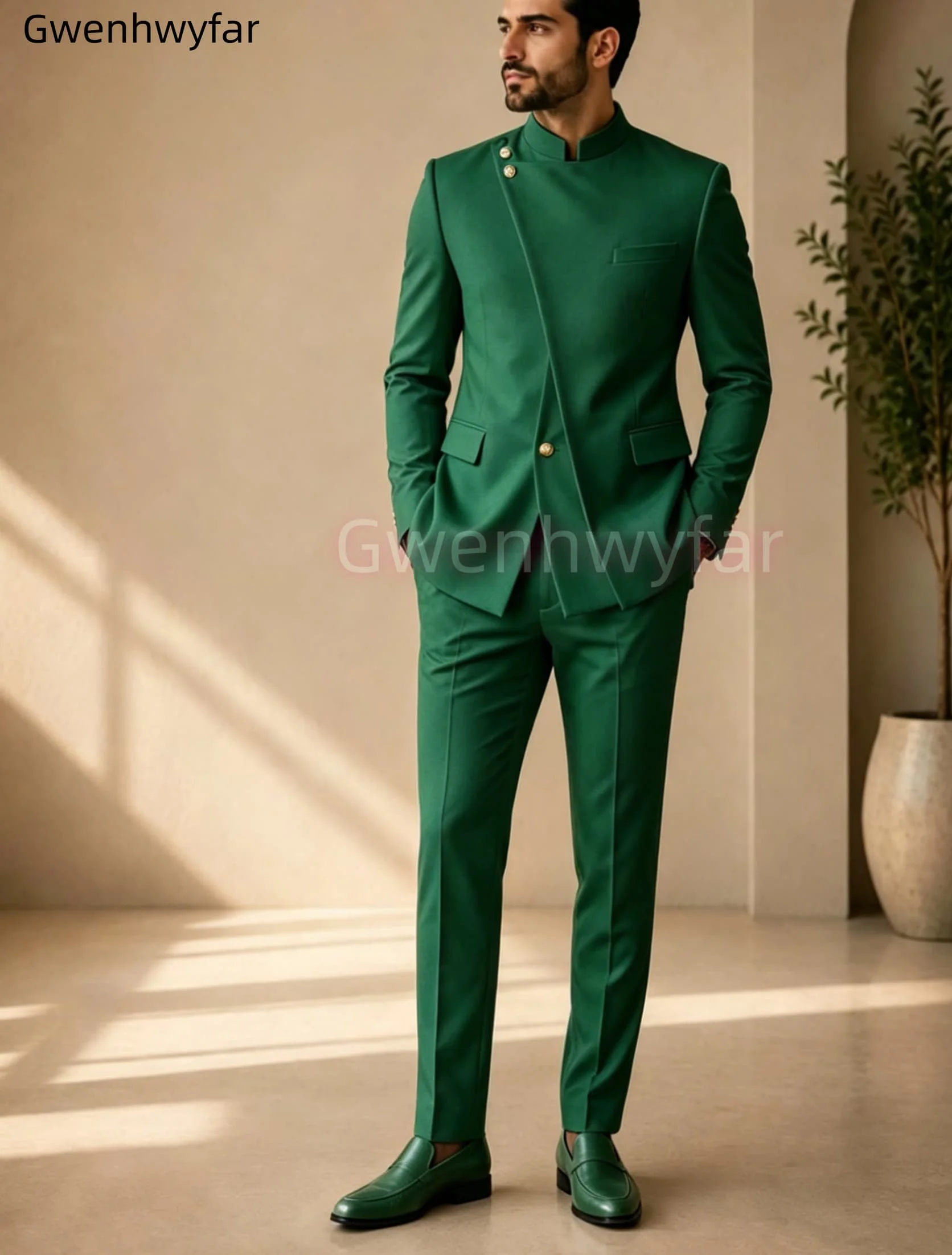 Gwenhwyar Neuankömmling Hellgraue Freizeitjacke mit Hose, formeller Business-Büroanzug für Herren, Bräutigam, Hochzeit, Party, Blazer, Hose – Detail 16