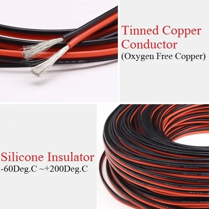 1/2/5M Filo di Rame Cavo di Gomma Siliconica Morbido 30 28 26 24 22 20 18 16 14 12 10 8 AWG 2 Pin Flessibile FAI DA TE LED connettore Nero Rosso