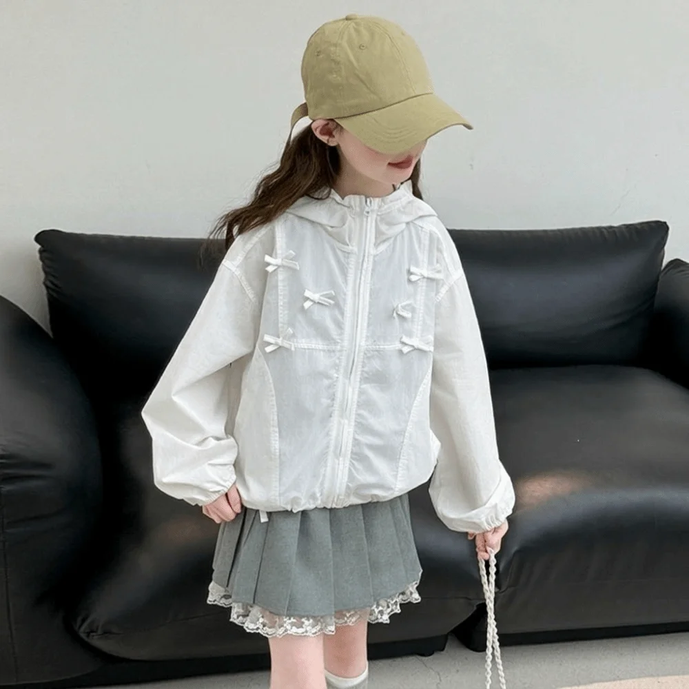 Lightweight Fabric Girls Sun Jacket Breathable Sheer Look Hooded Jacket Long Sleeves Bow Detail Zip-Up Outerwear Summer Outings