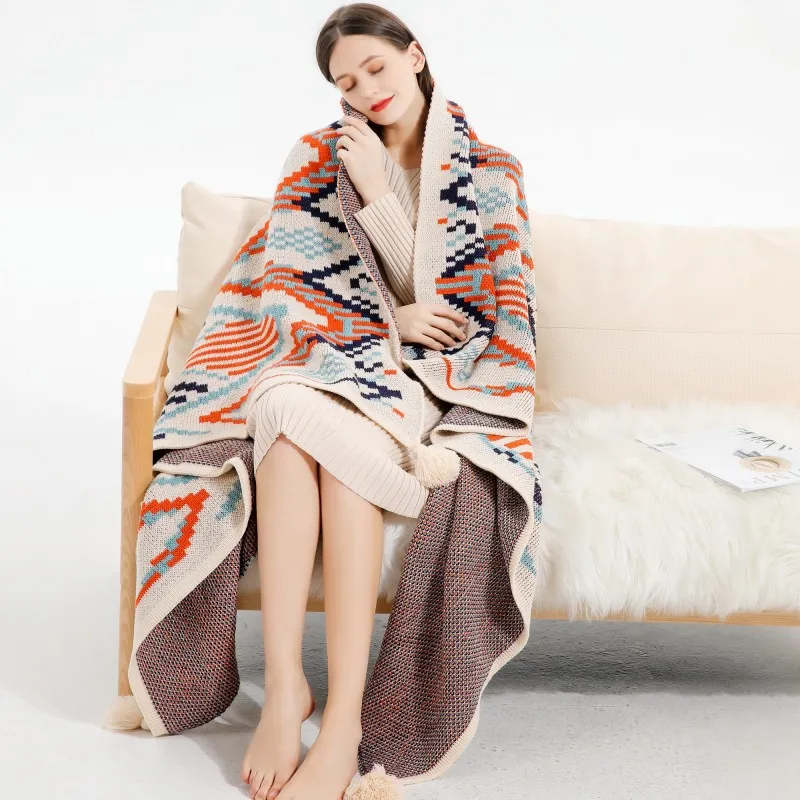Bohemian Style Sofa Blanket Ethnic Tourism Tassel Knit Nap Blanket Warmth RPET Regenerated Fabric Spring Autumn Plaid Pattern
