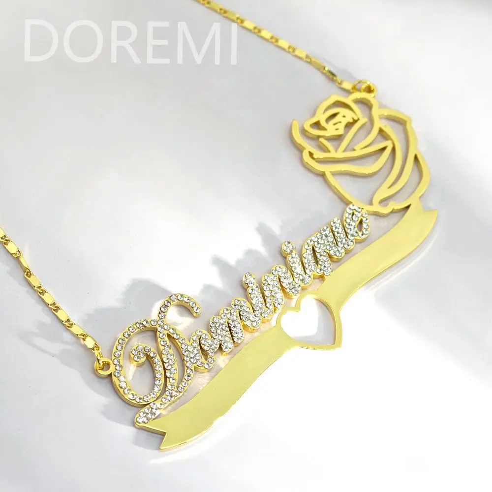 DOREMI Stainless Steel Personalized Gift Jewelry Crystal White Cz Name Zircon Rose Flower Necklace Women Gift Jewelry