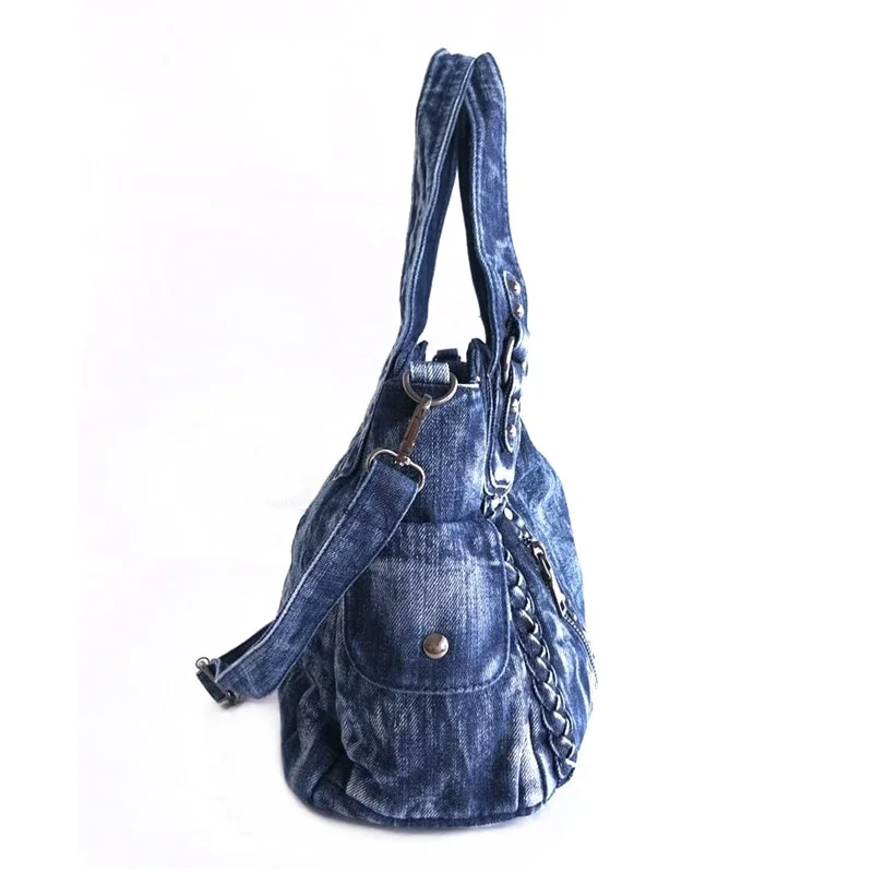 Shoulder Bag Jeans Fashion Denim Women Diamonds Tassel Weave Rivet Tote Bag Purses and Handbags Hobo Bag Ladies Messenger Casual