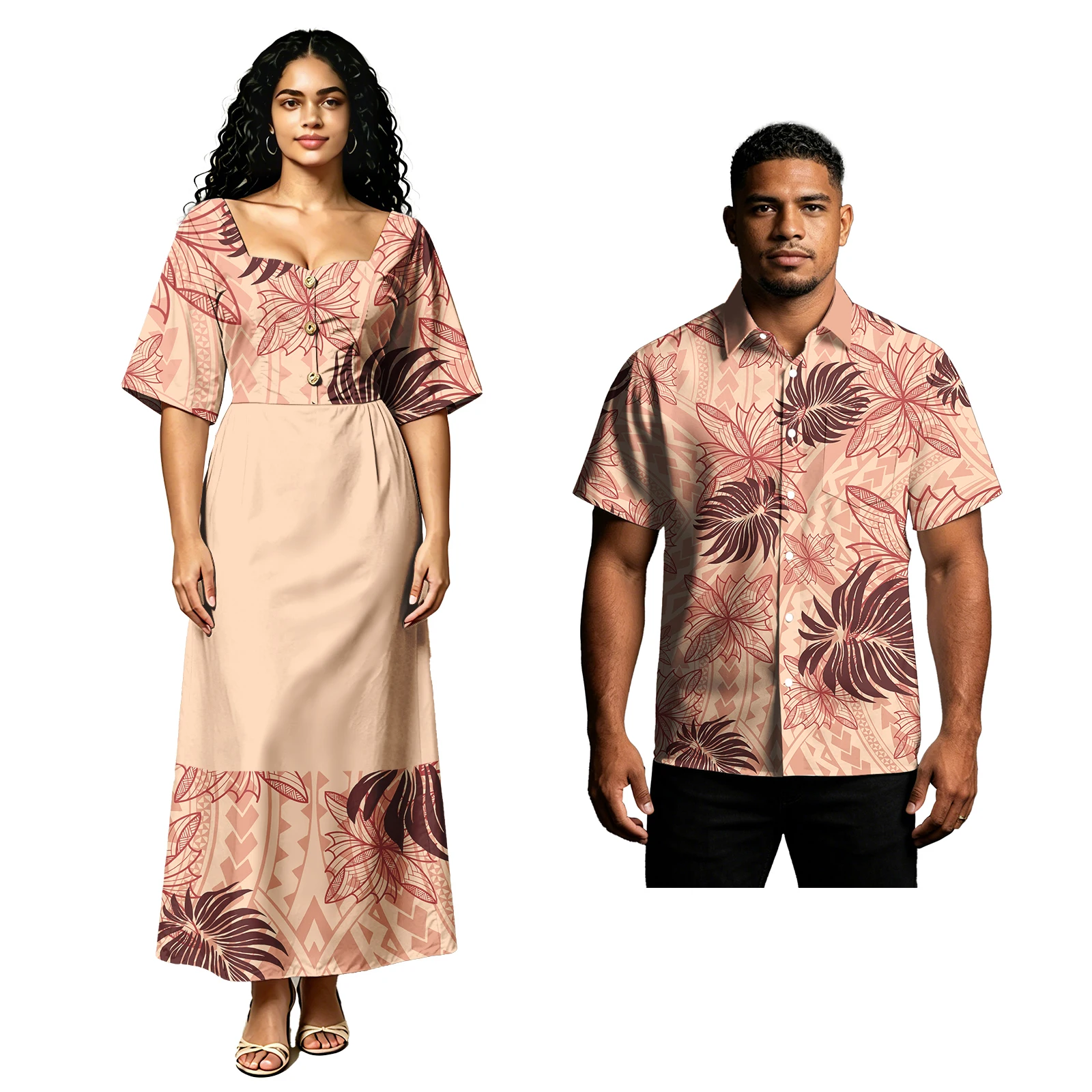 Island Plus Size Men Shirts Women Sweetheart Neckline Hawaiian Dress Samoa Polynesia Flowers Design Print Couple Suit Tapa Fiji