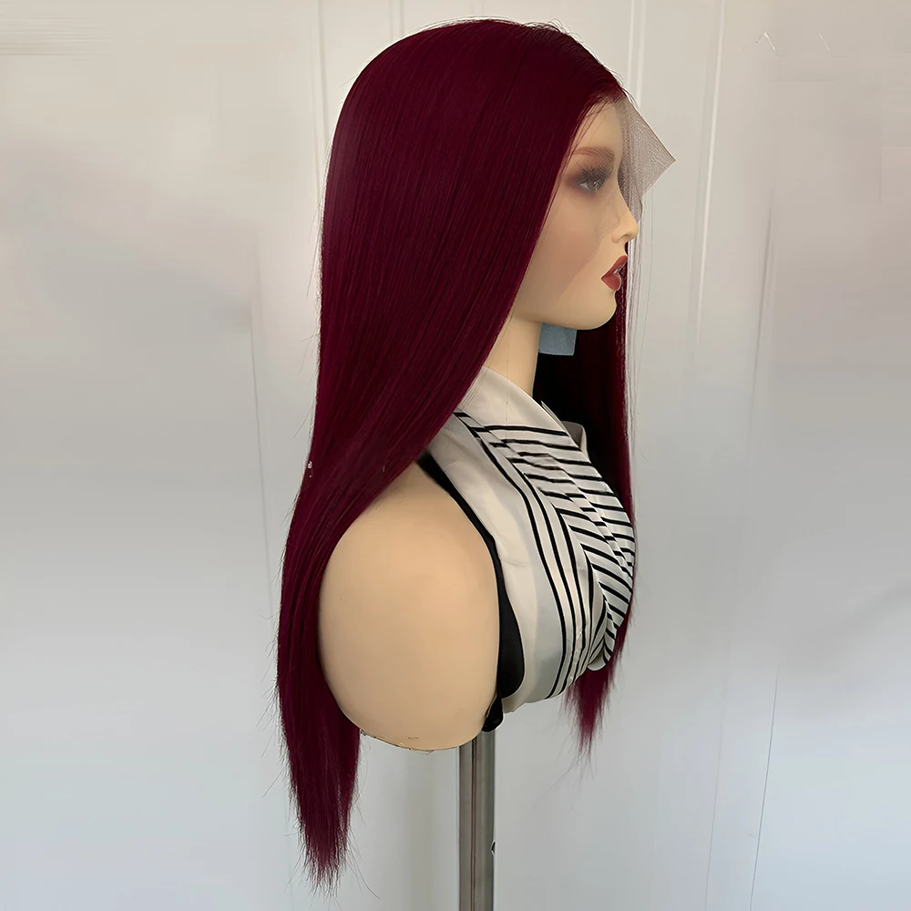 Wine Red Wig Synthetic Glueless Lace Wig For Women Natural Hairline Front Lace Wig Burgundy Long Silk Straight Hair Cosplay Wear