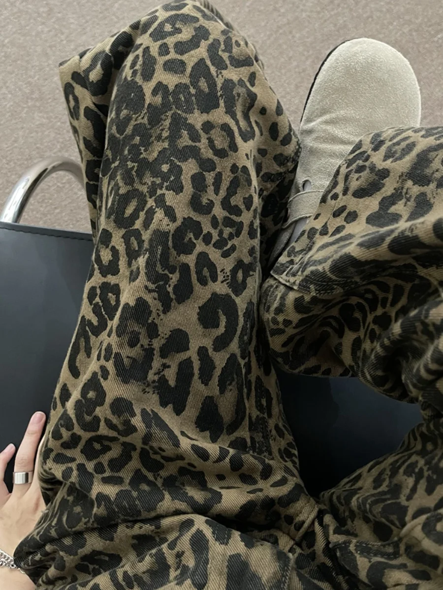 

Американские ретро-джинсы с леопардовым принтом, широкие, женские, летние 2024, новые, свободные, удлиненные, стройнящие брюки