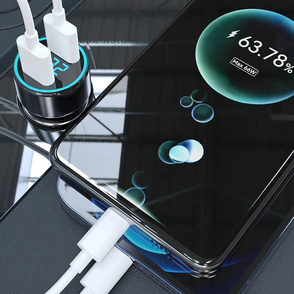 Dual USB Car Charger 66W Super Fast Charging Digital Display Mobile Phone 2 USB Charger Adapter For Huawei Xiaomi iPhone iPad