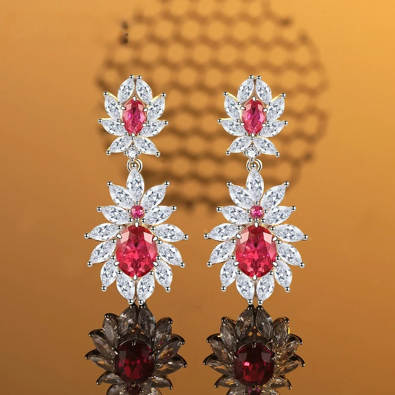 

PT950 Platinum Artificially Cultivated Gemstone Pigeon Blood Ruby Earrings Female Inlaid Horse Eye Stone Luxury Luxury High End