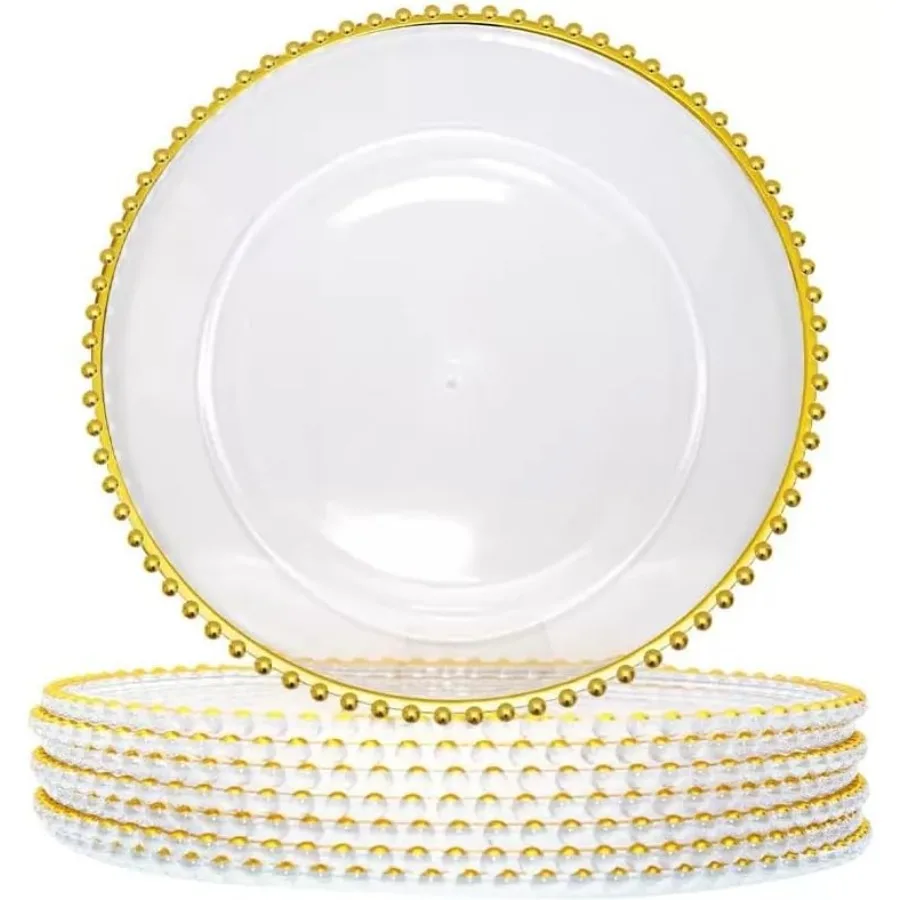 

50 Pcs Clear Charger Plates 12.6Inch Plastic Round Dinner Decorative Plates with Gold Beaded Rim for Party Wedding Birthday Bri