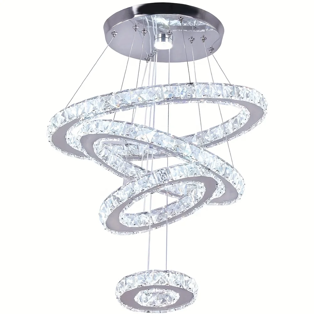 Crystal Chandeliers Modern LED Rings Pendant Light Adjustable Stainless Steel Ceiling Light Fixture for Living Room Dining Room Bedroom (Cool White)