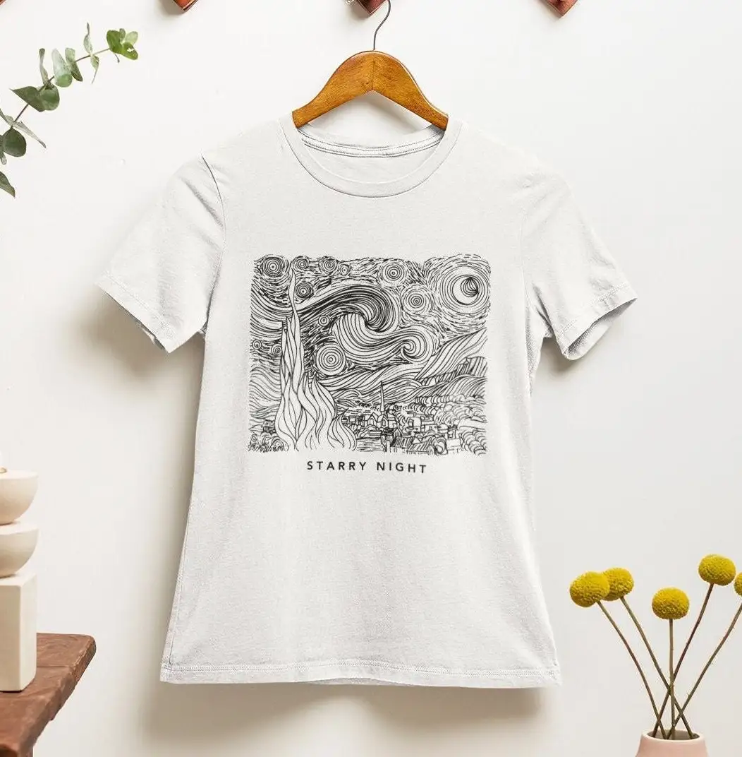 Van Gogh One Line Abstract Art T Shirt Starry Night Almond Blossom Der Wanderer 100 Premium Cotton