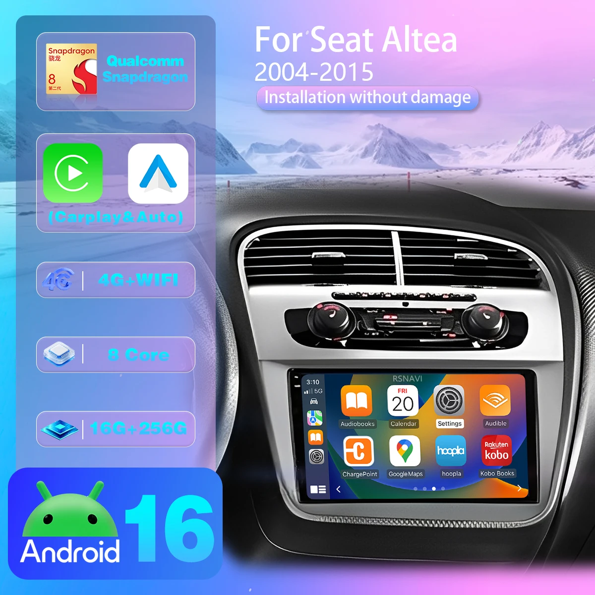 Android 16 für Seat Altea 2004 - 2015 Carplay Auto Qualcomm 2K QLED Bildschirm Autoradio-Player Lenkrad-App-Steuerung WIFI+4G
