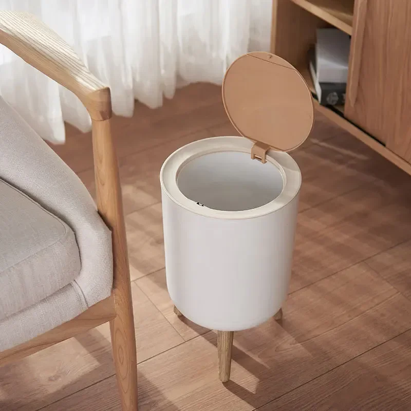 High-foot Imitation Wood Grain Trash Can Household Creative with Lid Press Living Room Toilet Bathroom Kitchen Nordic Style