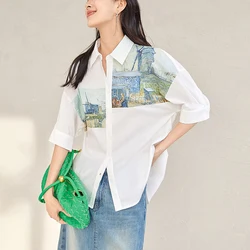 Summer New Fashion Printing Half Sleeve Shirt Ladies Polo-neck Loose Casual Vintage All-match Cardigan Top Women Buttons Blouse