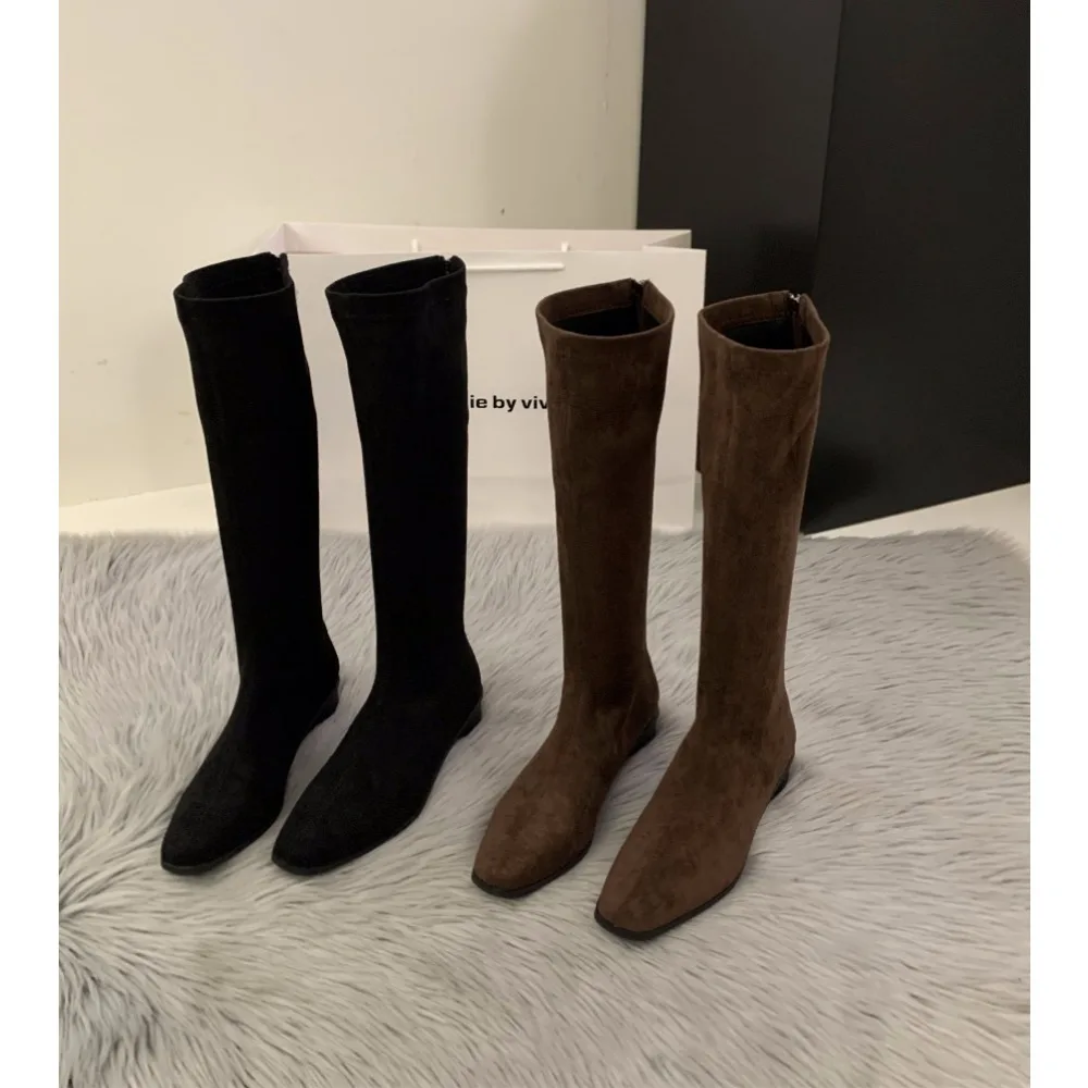 Luxury Designer Vintage Women Knee High Boots Fashion Square Low Heel Shoes Concise Slim Long Botas De Mujer