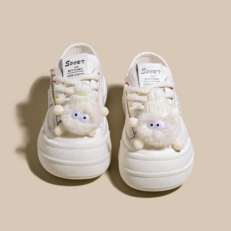 

2025 Early Spring New Cute Pom-Pom Detachable Casual Versatile Soft Sole Lace-Up Ugly Cute Thick Sole Sneakers for Women