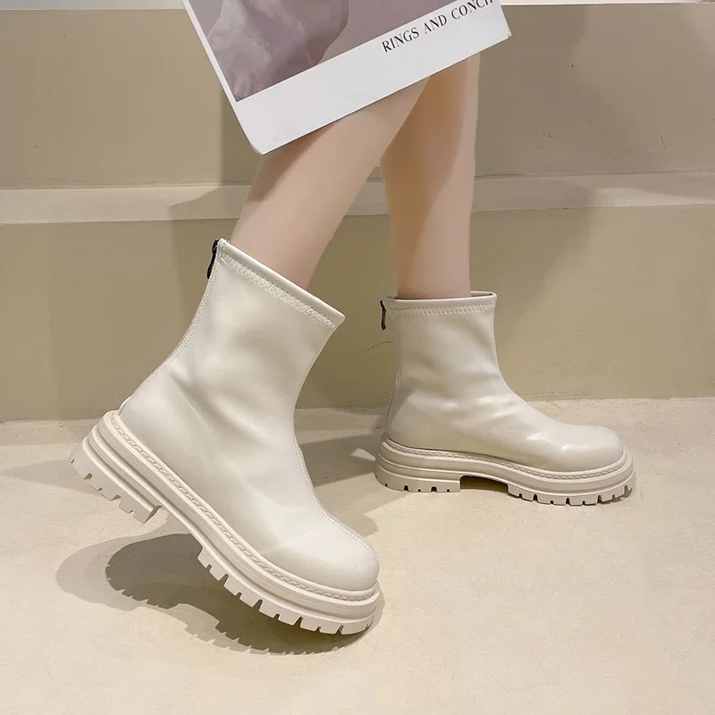 Autumn Chunky Women Chelsea Boots Fashion Back Zippers Thick Heel Short Booties Retro Style Street Style Female Shoes