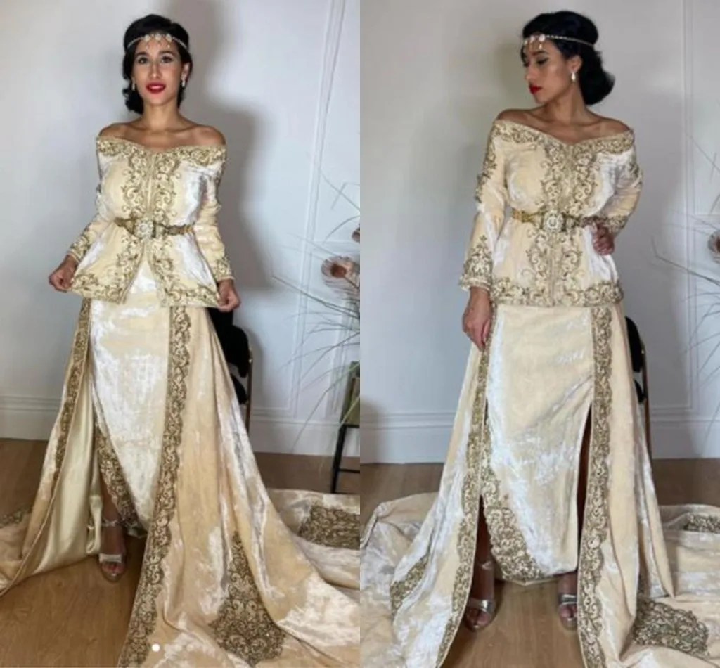 CustomizedIvory Off Shoulder Velvet Caftan Evening Dress Algerian outfits Karakou Long Sleeves Muslim Dubai Prom occasion Gowns