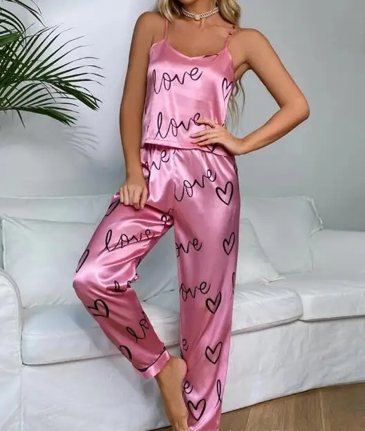 Women's Chic Sexy Suits 2024 Spring Summer Latest Casual V-Neck Sleeveless Home Pants Set Letter Love Heart Print Satin Cami Set