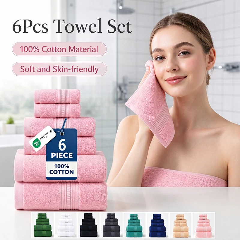 100% Cotton Towel 6Pcs Bath Towels Set Soft Absorbent Towels Lightweight Quick-Drying Shower Towel Wrap for Home Travel Spa