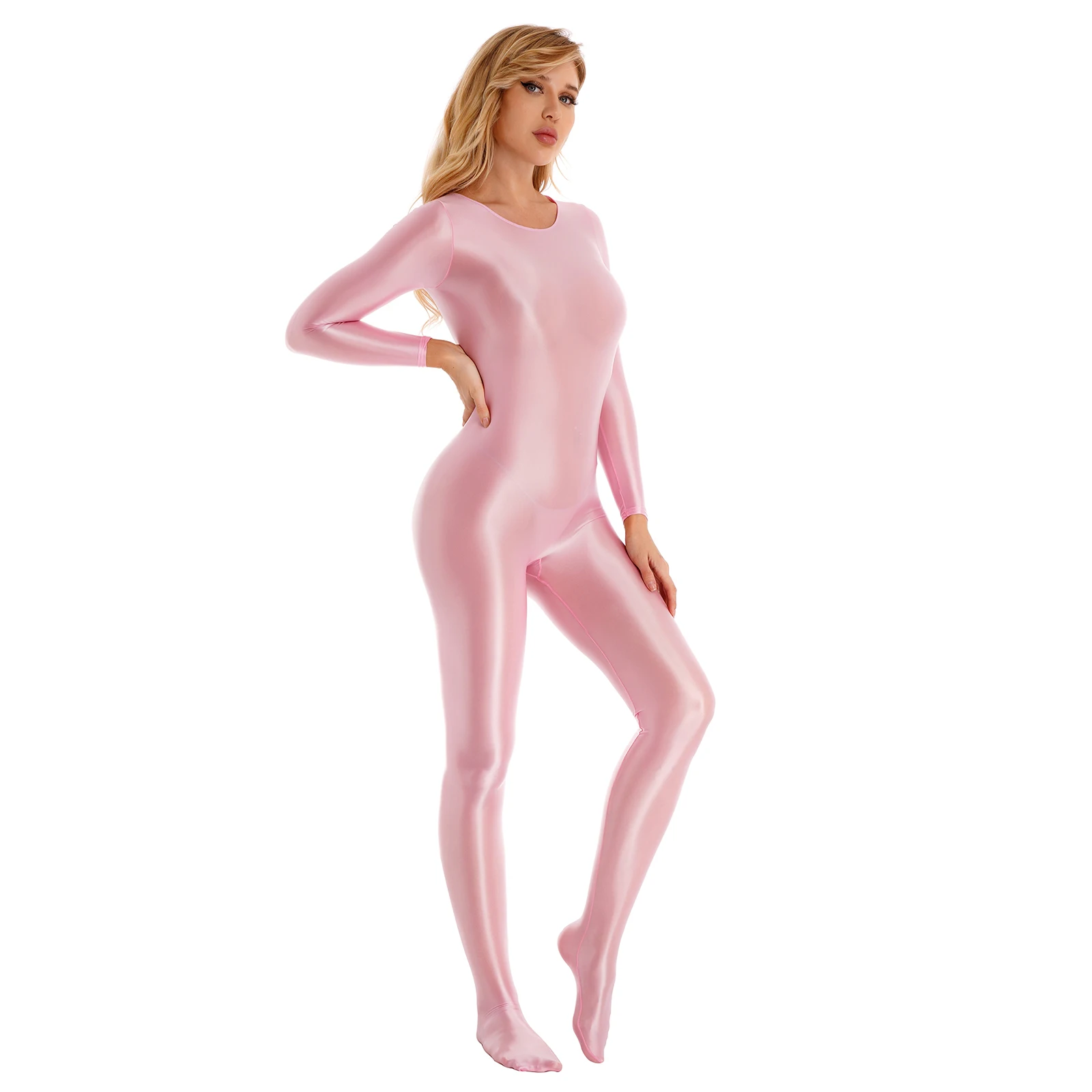 Women Smooth Long Sleeve Bodysuit Body Stocking Nightwear Solid Color Round Neck Bodysuit