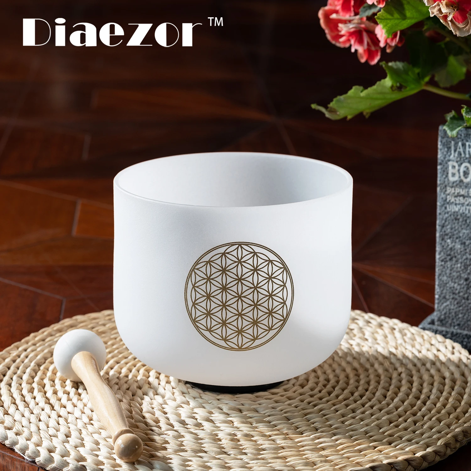 Diaezor 8 Inch 528Hz C Note Flower of Life Frosted Quartz Crystal Singing Bowl Chakra Sound Healing and Meditation with Mallet