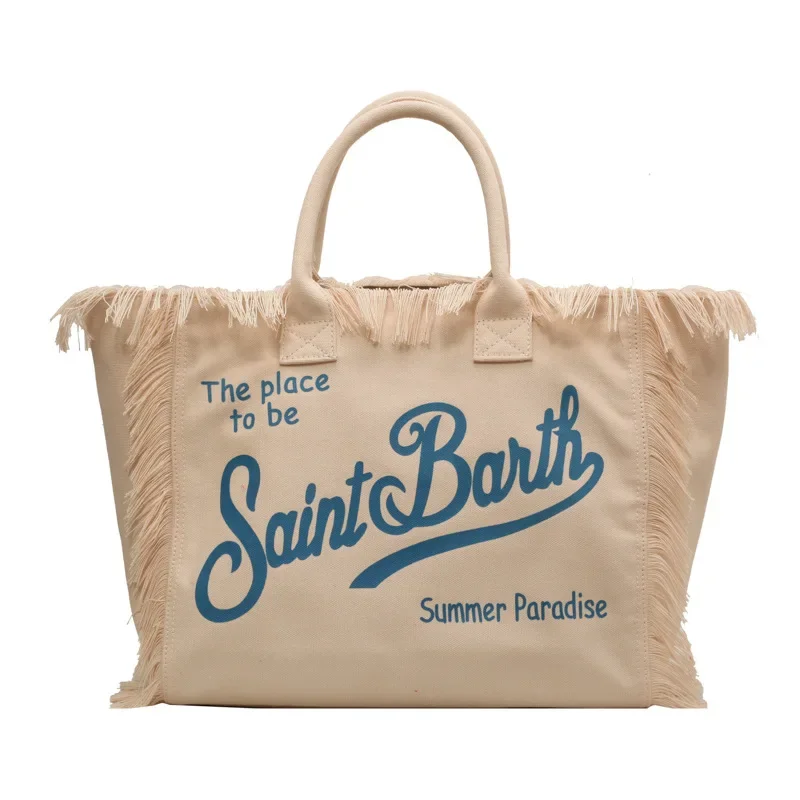 2024 neue Umhängetasche European American Beach Schulter tasche mit großer Kapazität hand gefertigte Einkaufstasche mit Fransen und Denim-Print