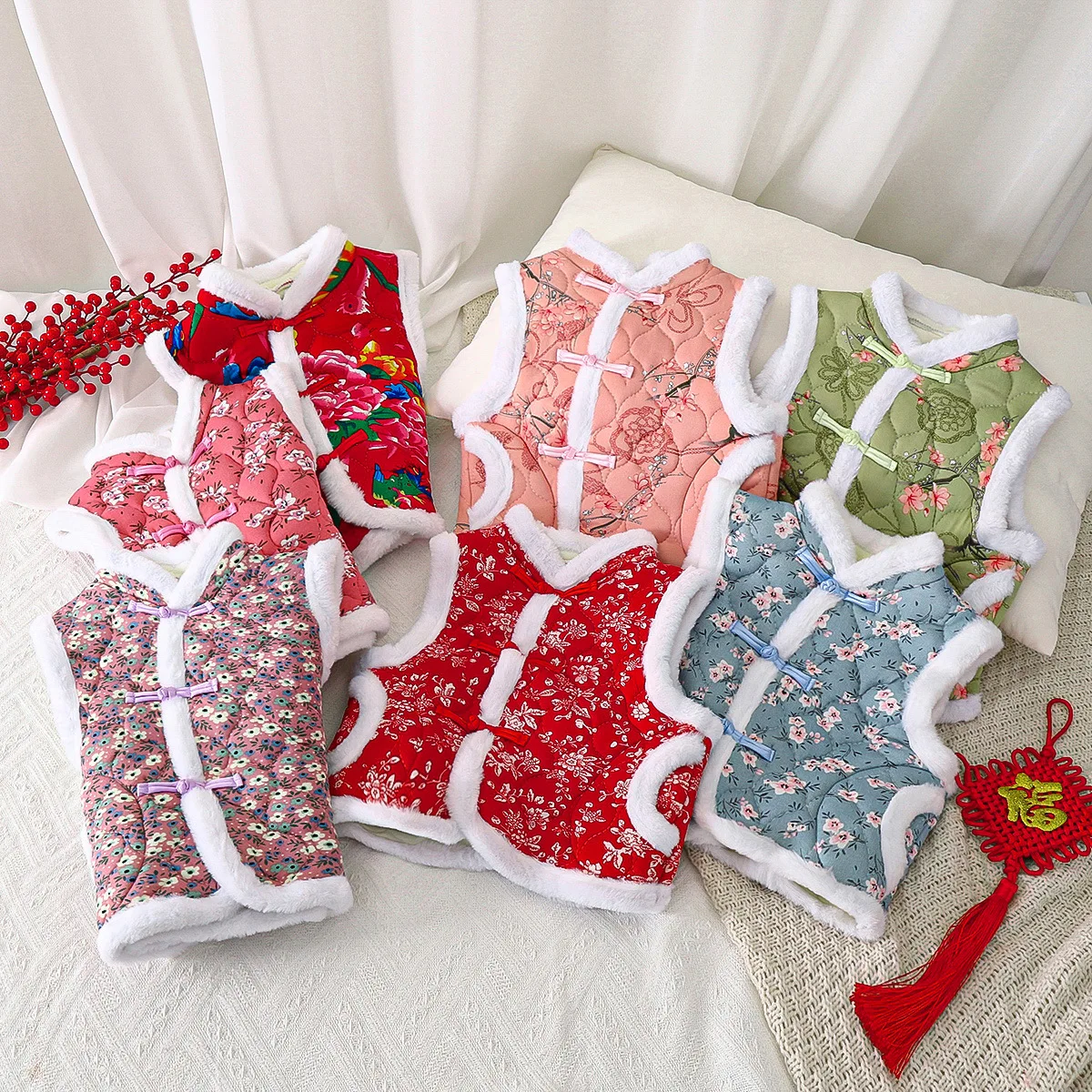 

Autumn and Winter Boys and Girls Chinese Ethnic Style Big Flower Cotton Coat for Children Thick Cotton Vest Coat Fashion Coat