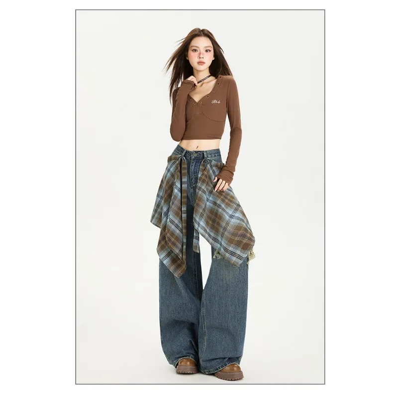 Fashion Retro Wide Leg Jeans Women's High Waist Loose Straight Leg Pants Casual Style Slim Spring Autumn New Arrival Solid Denim