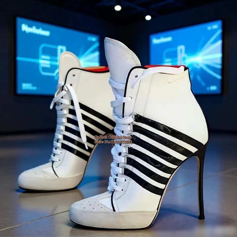 

Modern Black Strips Print Lace Up Sneaker Cross Tied Lace-up Patchwork Round Toe Stiletto Heels White Ankle Boots