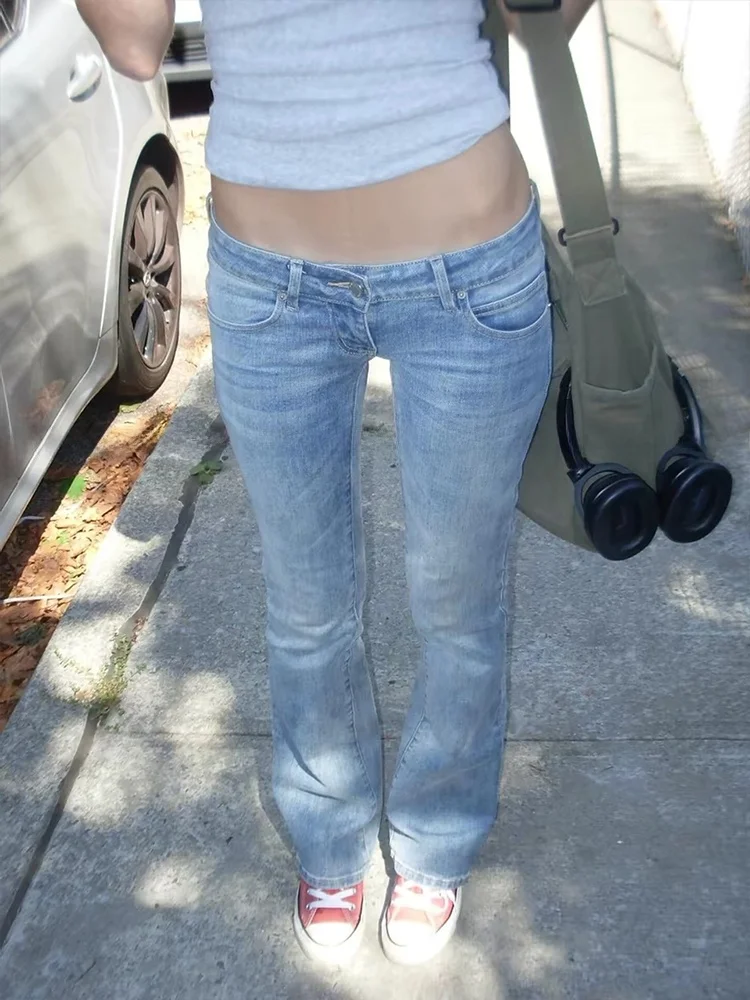 Retro American Blue Jeans Women's Summer New Y2K Millennium Spicy Girl Low Waist Micro Flare Long Pants Washed Denim