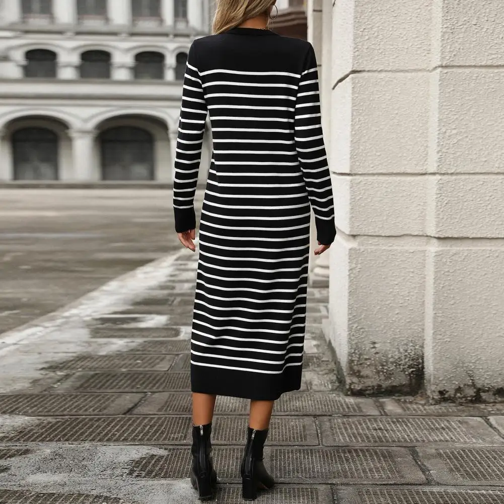 Simple Style Long Dress Elegancka sukienka midi w paski dla kobiet Slim Fit Sukienka z długim rękawem Sukienka z dzianiny na jesień wiosnę Stylowa