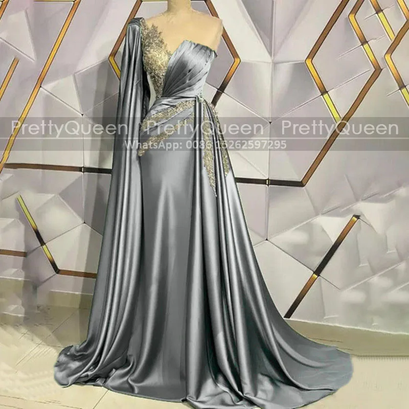 Calssy Appliques One Shoulder Prom Dresses With Streamer Mermaid Long Sheath Silver Gray Pageant Dress Party Formal Gown