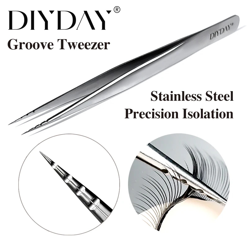 Pinzette per ciglia con scanalatura DIYDAY Pinzette per estensione ciglia con isolamento di precisione in acciaio inossidabile Nuovo stile Design con scanalatura antiscivolo